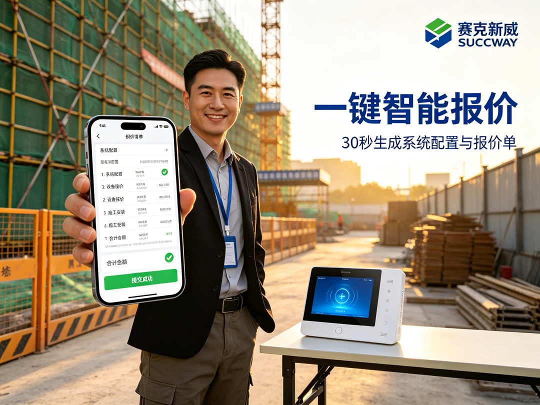 赛克新威（SUCCWAY）全新推出楼宇对讲在线智能报价系统，工程商只需填写项目名称、地址、总户数、单元户数，并选择可视/非可视、数字/模拟系统类型，以及人脸识别、一卡通、联网等增值功能，即可一键生成完整的系统报价单。系统自动输出设备清单（门口机、室内机、解码器、电源等详细信息）、系统结构图及精准报价，并支持申请工程优惠价和保存历史报价。作为中国楼宇对讲十大品牌，赛克新威以27年行业经验赋能这套智能工具，让楼宇对讲项目报价从此告别手工计算时代。